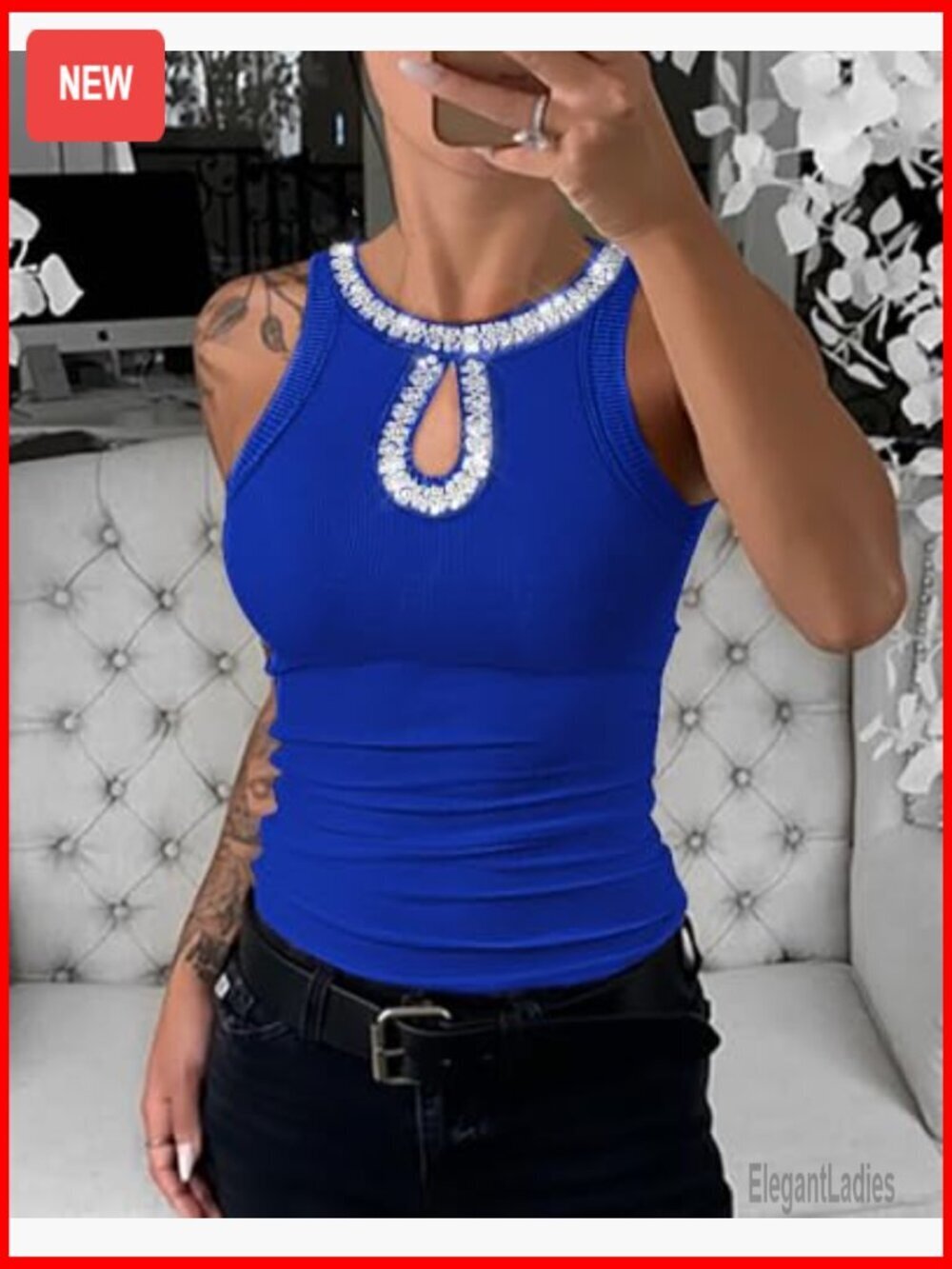 Sleeveless Ribbed Tank Top with Rhinestone Keyhole Neckline - Picture 6 of 7